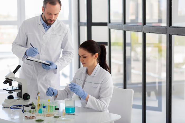 Scientists working on Restylane in a laboratory.