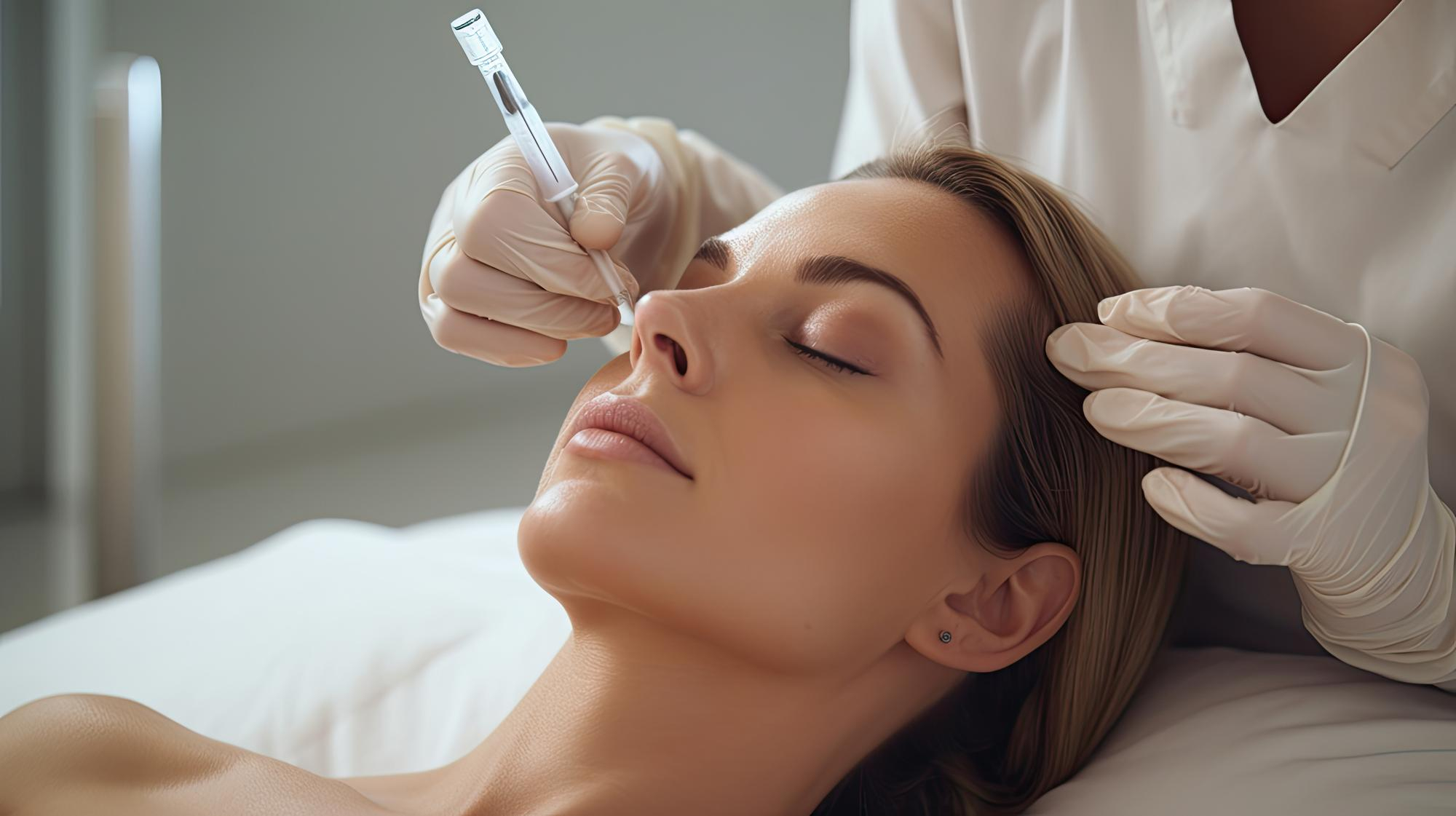 Female patient receiving dermal filler injection to achieve facial rejuvenation.