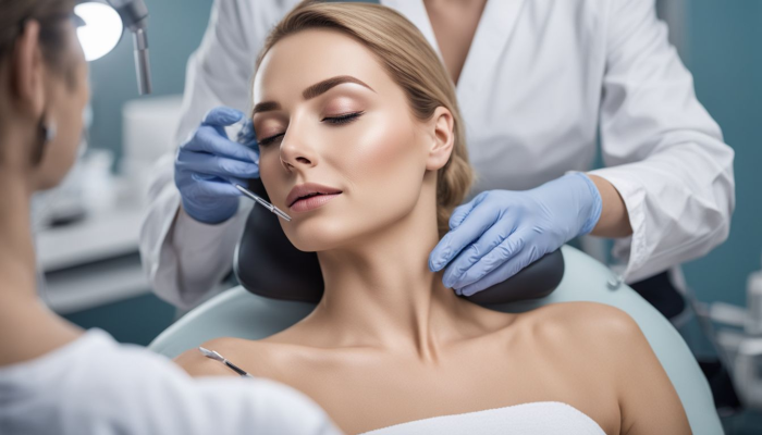 A woman receiving Teosyal filler treatment in a modern clinic.