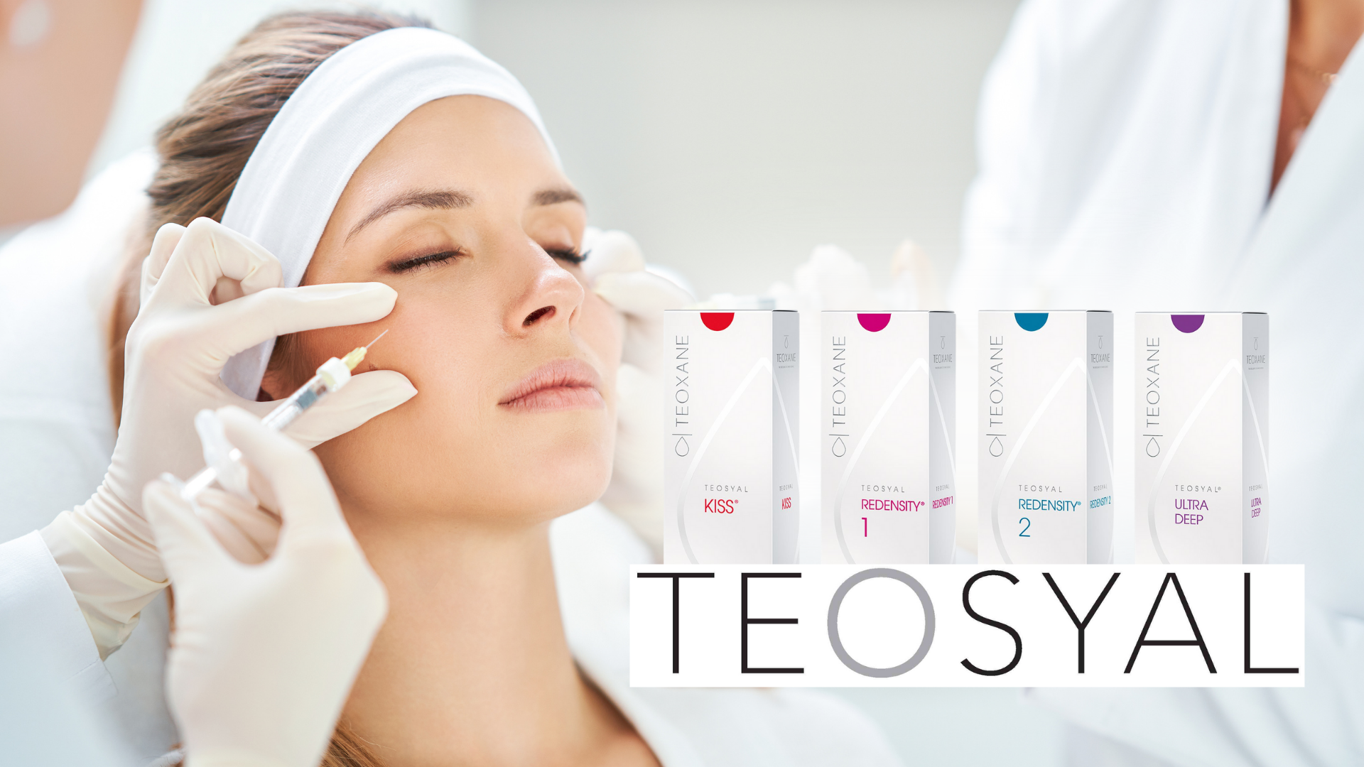 Woman receiving Teosyal hyaluronic acid injection for skin rejuvenation with product boxes displayed