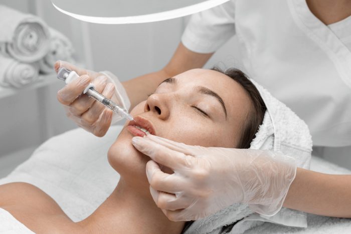 beautician doing injection filler female client