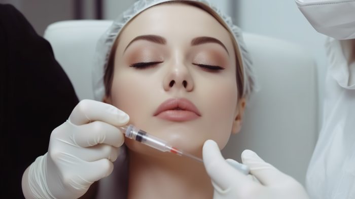 woman getting injection from syringe