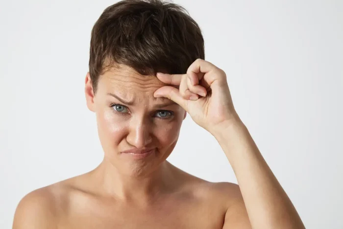 A woman troubled by forehead wrinkles