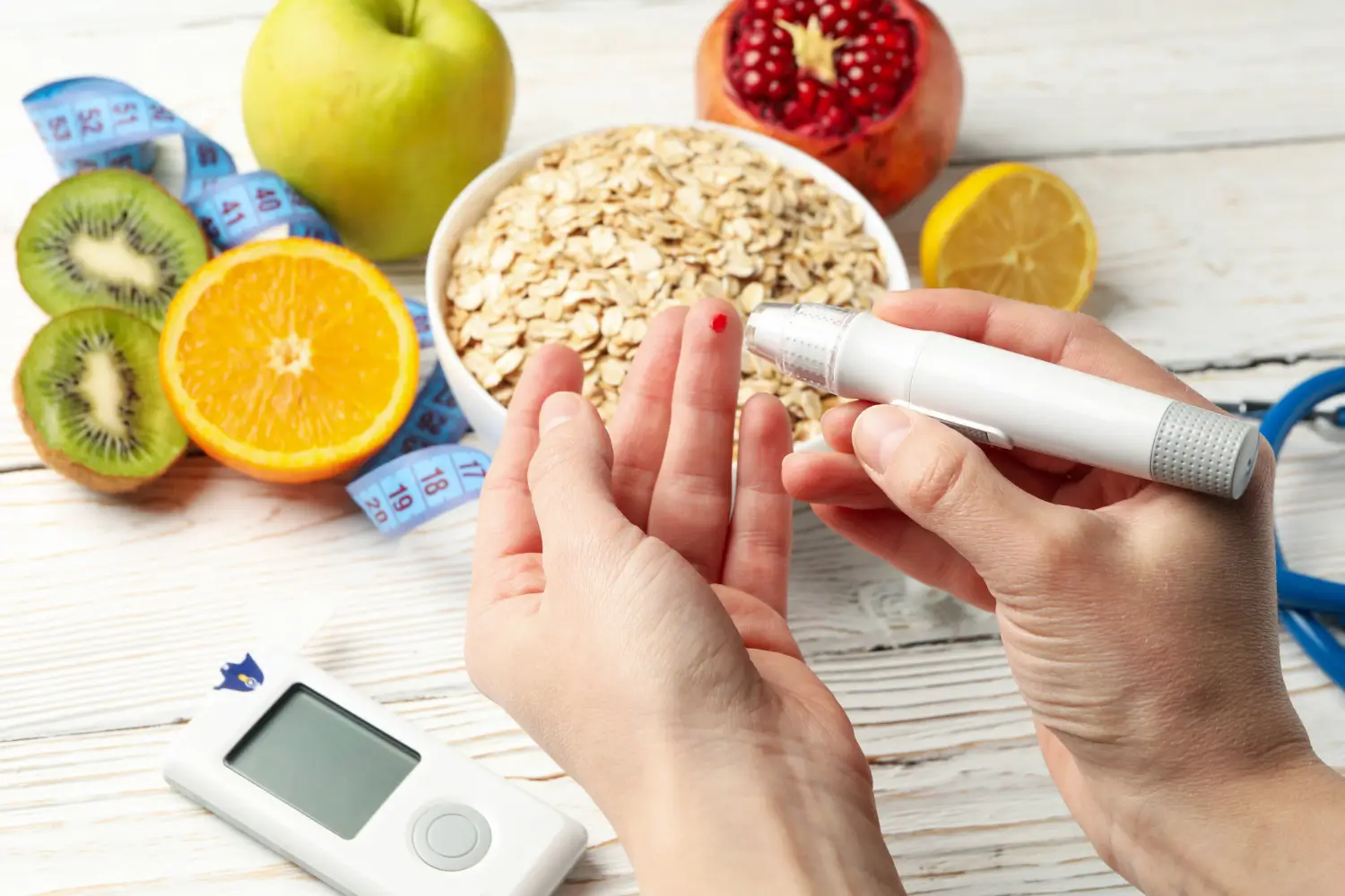 Patient performs a blood sugar check before eating anything.